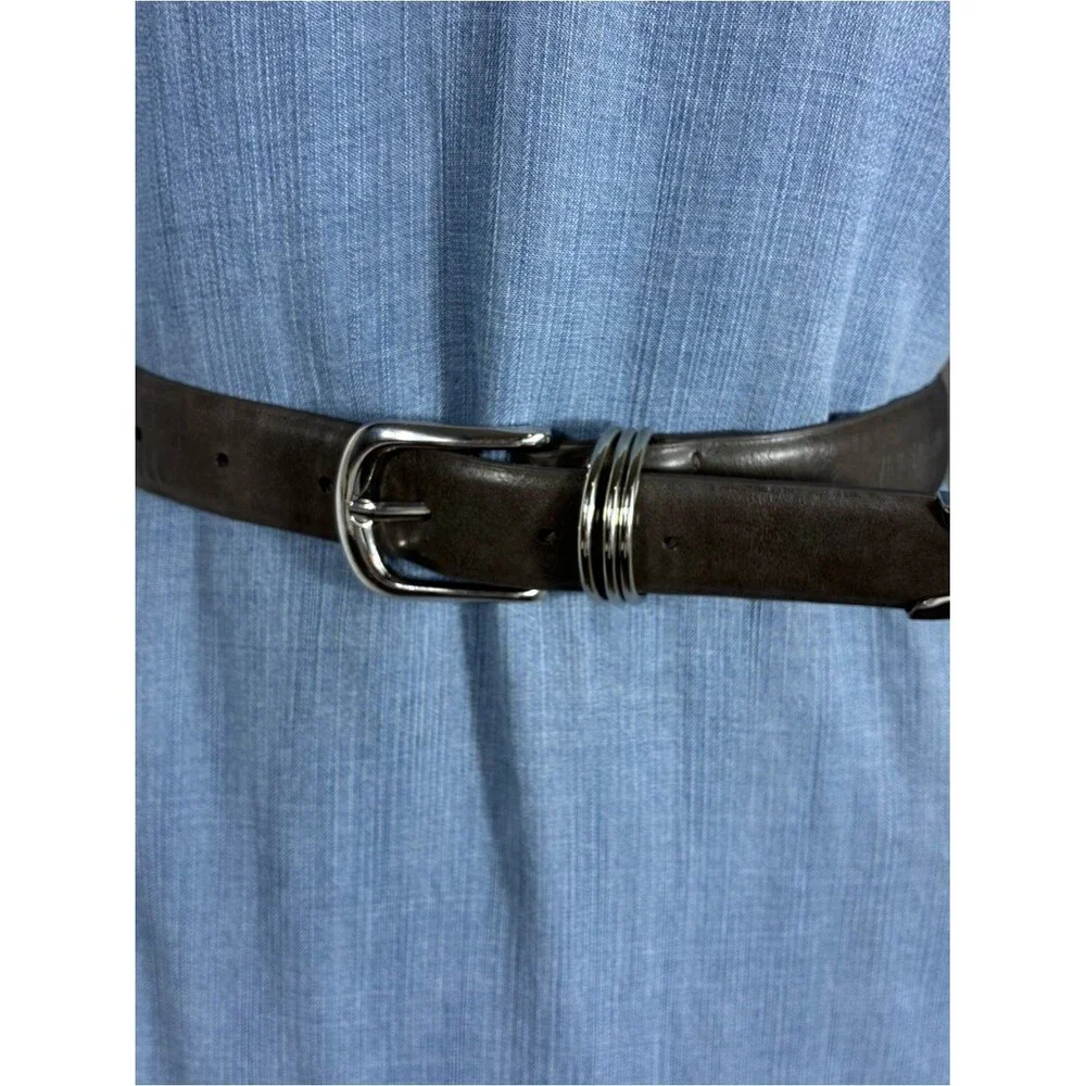 Womens belt Vince Camuto 40” long gray leather silver buckle plus triple ring